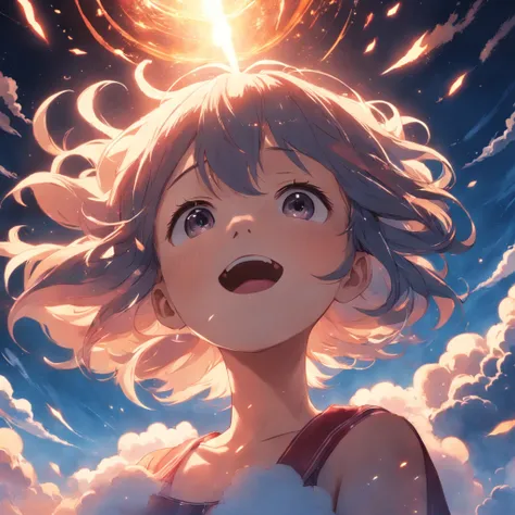 masterpiece, best quality, movie still, 1girl, cloud girl, floating in the sky, close-up, bright, happy, warm soft lighting, sunset, (sparks:0.7)