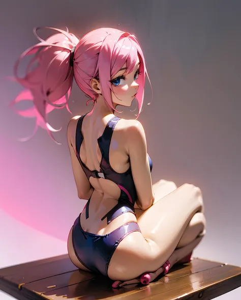 back side  of anime, full body , short swimsuit, side face , sitting on small wooden stool , white background, pink hair , 3d , --auto --s2