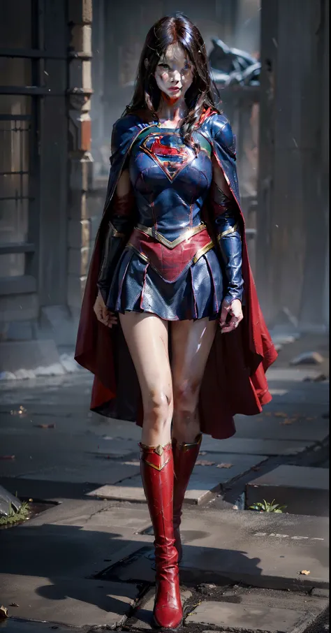 (((Make the most of the original image)))、(((Supergirl Costume)))、(((lustrous dark hair)))、(((Suffering)))、(((The cloak is red)))、((Wearing black stockings))、((Top image quality、8K))、((top-quality、8K、​masterpiece:1.3))、Crisp focus:1.2、Beautiful woman with ...