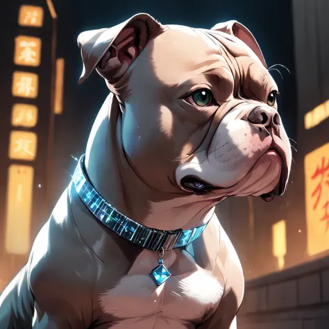 "masterpiece, American Bully with  color accents, channeling the Matrix style,Elf-style punctuated ear, neck collar with diamonds,  Defined muscle, Posing for the canon câmera Professional, captured from a dynamic angle, delivering the best quality in stun...