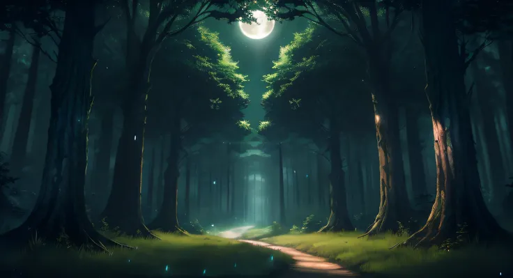 a dark forest through it and a full moon, anime lush john 8k woods, moonlit forest environment, background artwork, forest and moon, moonlit forest, anime background art, quiet forest night scene, an image of a moonlit forest, concept art wallpaper 4k, mag...