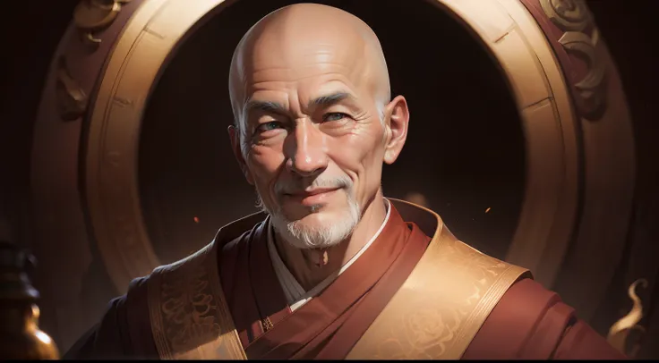 Old master Sage monk smilling, He is looking at the camera frame, completely normal face and eyes, Perfect artwork, master piece, best quality, high, layered lighting -- 4K