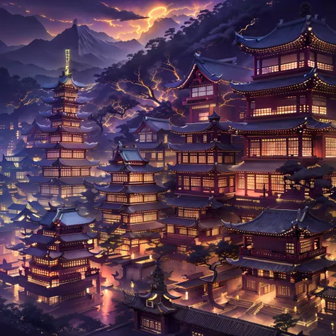 Asian architecture in the city Asian architecture in the city at night with boats passing by， dreamy Chinese towns， Chinese Ancient Architecture， Japan city， Colorful fox city， digital painting of a pagoda， Japanese cities at night， cyberpunk chinese ancie...