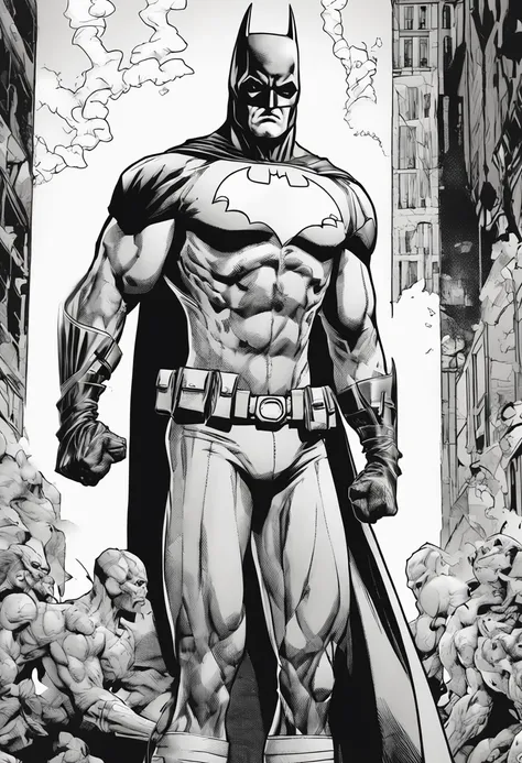 Generate a colorless comic book style image of the character named Batman in full body, de la cabeza a los pies, no body parts cut off or extending beyond the frame. The image must have a comic book style, and the physical characteristics and details of Ba...