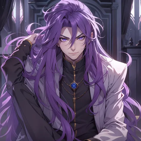 Man, seductive, calm, teasing gaze, wicked smile, long purple hair, purple eyes, young man, lord, Duke, anime