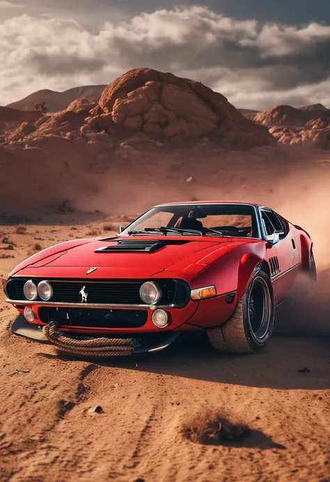 Um carro ferrarif8 vermelho esportivo na cidade estilo mad max ::n_desenho,Imperfection,baixa qualidade,jogo, anime, mulher, tirar texto e assinatura