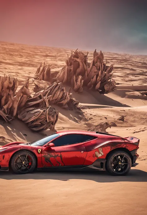 Um carro ferrarif8 vermelho esportivo na cidade estilo mad max ::n_desenho,Imperfection,baixa qualidade,jogo, anime, mulher, tirar texto e assinatura