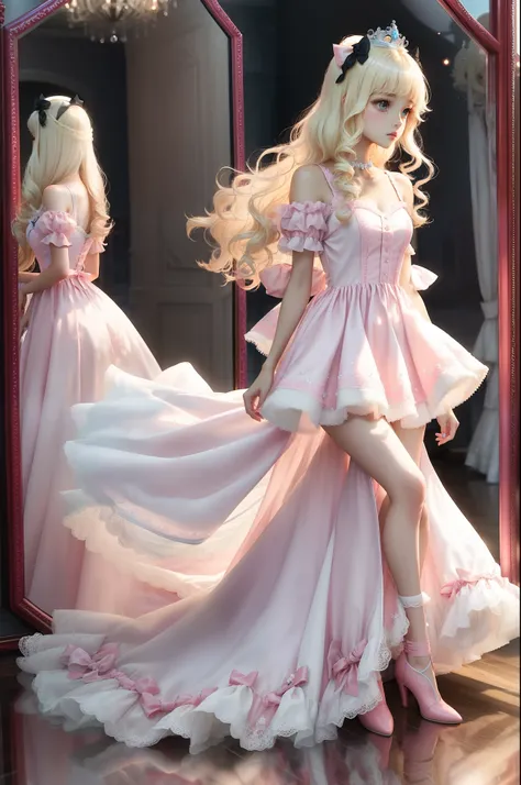 Princess　A Princess　Soft　Good style best quality(Highest Quality) , High quality(hiquality)　Soft hair　pink there　Fluffy dress blonde　Hair tied in two, The whole body is reflected, Very delicate tone and good atmosphere