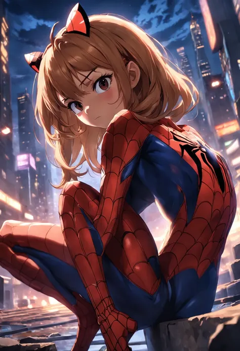 homem aranha em cima de um arranha ceu cena de filme 8k,:n_desenho,Imperfection,baixa qualidade,jogo, anime, mulher, tirar texto e assinatura