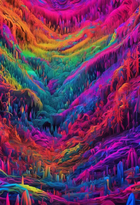 A closeup of a rainbow-colored forest, Psychedelic landscape, psychedelic forest, Visuais LSD, psychedelic lights, a psychedelic experience, psychedelic trip, psychedelic atmosphere, psicodelic, Psychedelic, cores vibrantes, extremely psychedelic experienc...