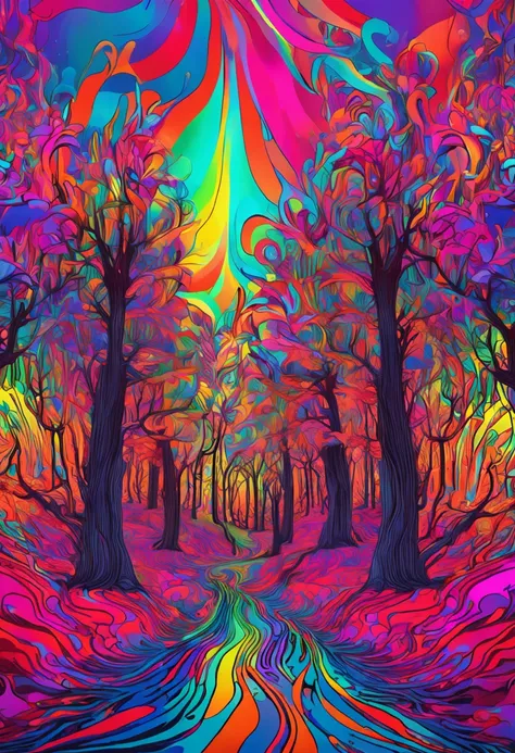 A closeup of a rainbow-colored forest, Psychedelic landscape, psychedelic forest, Visuais LSD, psychedelic lights, a psychedelic experience, psychedelic trip, psychedelic atmosphere, psicodelic, Psychedelic, cores vibrantes, extremely psychedelic experienc...