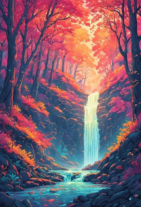 Colorful illustration of a colorful forest with a waterfall, Dan Mumford e Alex Grey Estilo, kilian eng cores vibrantes, kilian eng cores vibrantes, psychedelic forest, Dan Mumford e Albert Bierstadt, psychedelic color theme, arte conceitual colorida, full...