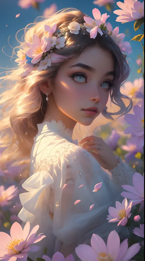 The colors in this image are soft and draw inspiration from gentle watercolors and should be primarily pink. Generate a delicate and tranquil flower princess with soft hair dancing in the wind and intricately braided. Her sweet face has puffy, kissable lip...