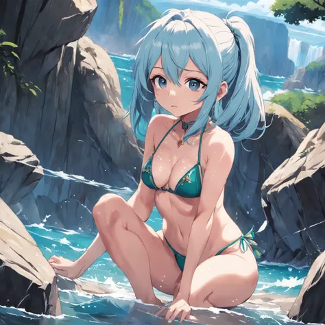 tmasterpiece，best qualtiy，high detal，style of anime，a beauti，beauitful face，sitting on the stone，Wearing a three-point bikini，Stick out your tongue，closeup cleavage，Solid color white background