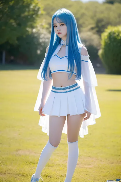 "Full body view of 18 years old Kim Chaewon as a young girl in a white revealing fantasy clothes with blue hair. She is standing confidently on a field, with a slight exposure of her midriff and a petite figure. The photo is captured in UHD 4K, exhibiting ...