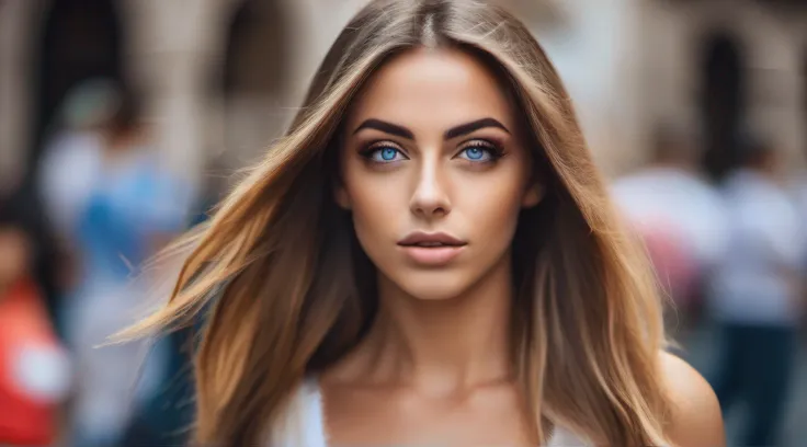 melhor qualidade, master part, high resolution, mulher brasileira bonita, 30 anos, corpo inteiro, Cabelos coloridos, blue-eyed iris, Cara super fofa, olhos super fofos, cabelo super bonito, town square, vento, Folhas, sol, sombras perfeitas, 8k