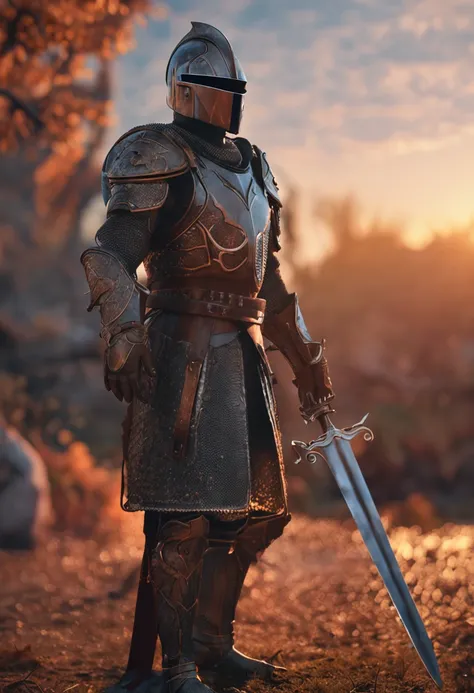 ((Solaire)),A knight brandishing his sword, sunset, open field, blue sky, (Extremely Detailed Oil Painting:1.2),8k, octane render, cinema 4d, blender, dark, atmospheric 4k ultra detailed, cinematic sensual, Sharp focus, big depth of field, Masterpiece, col...