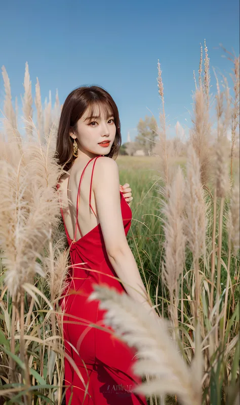 Araki woman in red dress standing in high grass, girl in red dress, girl in red dress, in red cheongsam, in field, in meadow, in red dress, in red dress, in red sundress, in red dress, masterpiece, best quality, very detailed CG, 8K