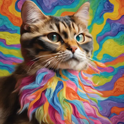 Spectacular Full body view of a super adorable and captivating rainbow colored fluffy bold flowery hipster Burmese cat surfing a wave in vibrant collage fashion, modeling retro flair against a polychromatic dreamscape. Posing with diamond ukulele, Textured...