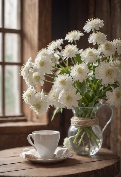 "RAW photo, best,masterpiece, best quality, high quality, extremely detailed,there are some white flowers in a vase and some other items, still life photo studio, still life photography, cozy studio photography, rustic setting, soft vignette, still life ph...