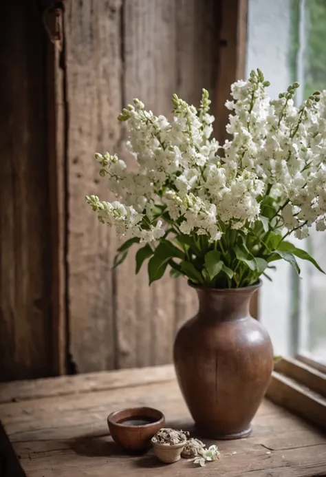 "RAW photo, best,masterpiece, best quality, high quality, extremely detailed,there are some white flowers in a vase and some other items, still life photo studio, still life photography, cozy studio photography, rustic setting, soft vignette, still life ph...