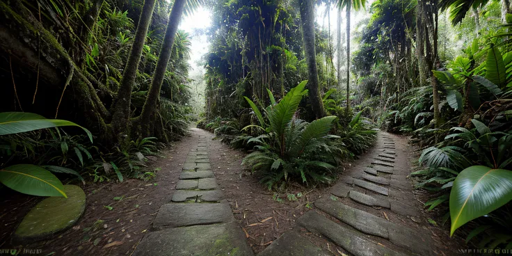 Native trail in the Amazon rainforest, with various bromeliads, with tree trunks, with orchids, com um pequeno rio ao lado da trilha, award-winning photography, ultra detalhado , Realistic , Tim Laman style photographer,