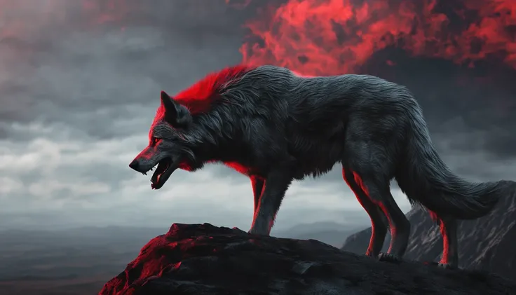 PLAY A MAN IN A RED CLOAK STARING AT A FEROCIOUS WOLF ON A SHADOWY HILL WITH HIGH DETAIL.