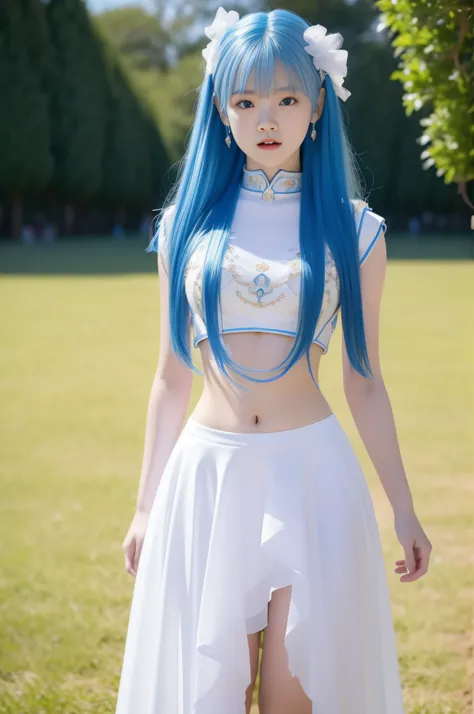 "Full body view of 18 years old Kim Chaewon as a young girl in a white revealing fantasy clothes with blue hair. She is standing confidently on a field, with a slight exposure of her midriff and a petite figure. The photo is captured in UHD 4K, exhibiting ...