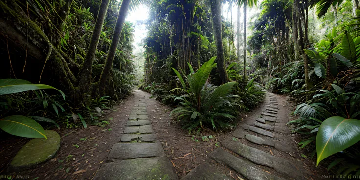 native trail in the amazon rainforest, with various bromeliads, with tree trunks, with orchids, com um pequeno rio ao lado da tr...