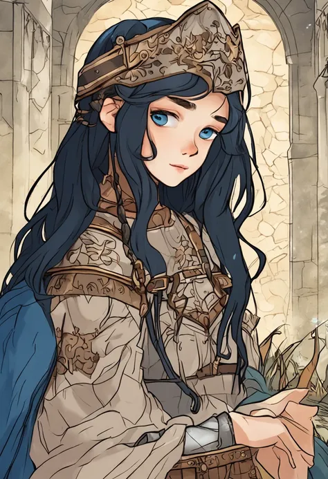 A medieval-era child from a 10-year-old fantasy world with blue eyes and black hair