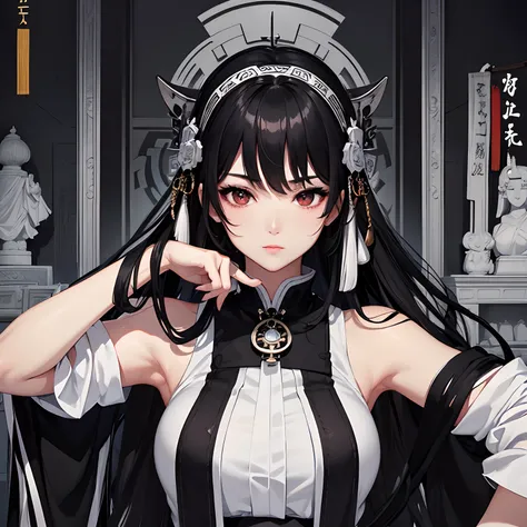 ​masterpiece、top-quality、hight resolution、High-quality images、8K、1womanl、detaileds、Detailed eye depiction、skin gloss、Lustrous black hair、Monochrome grayscale、Lisa、portlate、Old Temple、shrine maiden