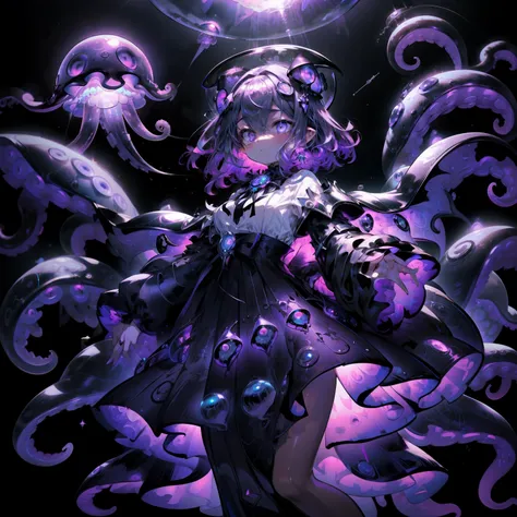 a girl floating in the sky, a black gothic lolita dress, a cape, purple luminous orb on the dress, jellyfish on the skirt, bat d...