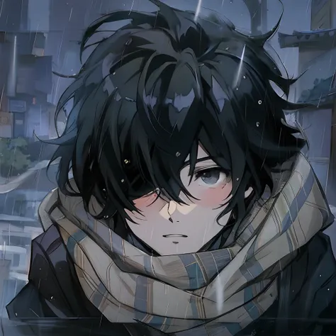 Anime boy with black hair and scarf standing in the rain, inspirado em Yamagata Hiro, anime moe artstyle, em estilo anime, cara bonito na arte demon slayer, arte anime de alta qualidade, retrato estilo anime, Arte no estilo de Guweiz, estilo de anime limpo...