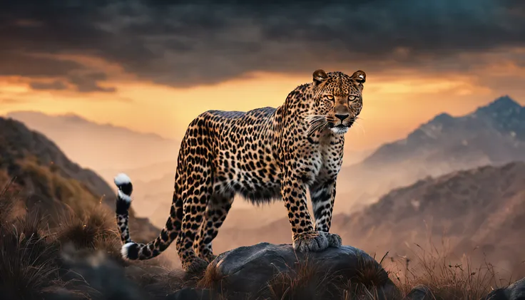 MAKE A FIERCE LEOPARD FACING ON TOP OF A SHADOWY HILL.