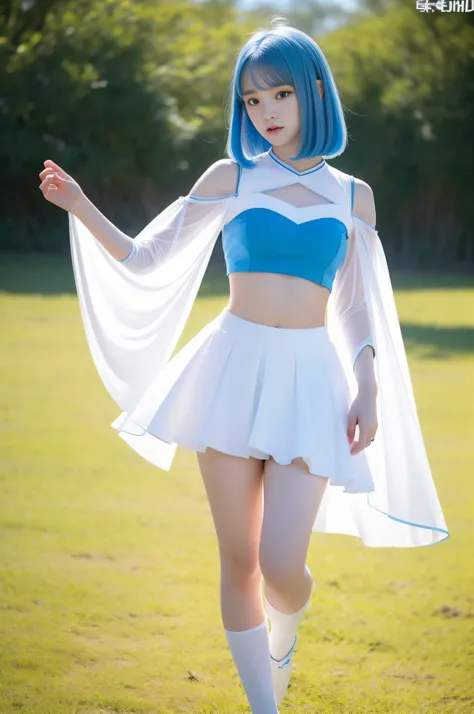 "Full body view of 18 years old Kim Chaewon as a young girl in a white revealing fantasy clothes with a short skirt and blue hair. She is standing confidently on a field, with a slight exposure of her midriff and a petite figure. The photo is captured in U...