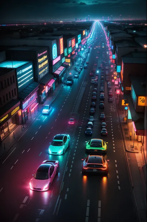 Vibrant neon-lit streets filled with electric cars、Their headlights illuminate the darkness