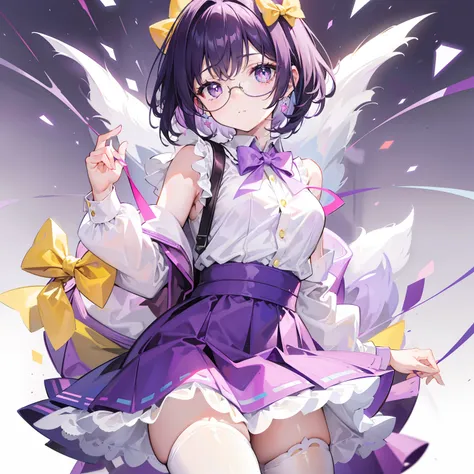 Thick short hair，Purple-white chewing gum，Two small hair knots，It is tied with a yellow bow，Apricot pupils，Wearing a pink lawyers dress, yellow and white，With white-framed glasses，She is a lovely girl，Creamy and violent