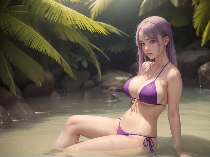 1girl, green eyes, long light purple hair, dripping wet, soaking wet, sitting in shallow water at beach, big boobs, cleavage, tiny string bikini, off center, sitting to the side of the photo, sunny, small waist, beach