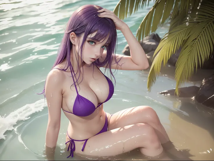 1girl, green eyes, long light purple hair, dripping wet, soaking wet, sitting in shallow water at beach, big boobs, cleavage, tiny string bikini, off center, sitting to the side of the photo, sunny, small waist, beach