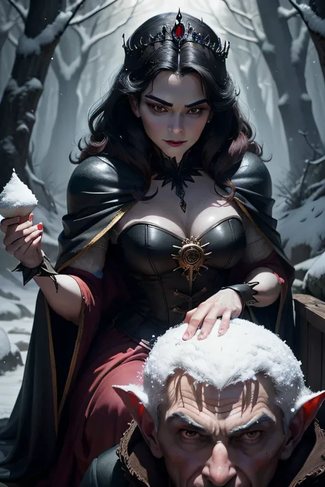 Evil queen orders a hunter to take Snow White into the forest to be killed