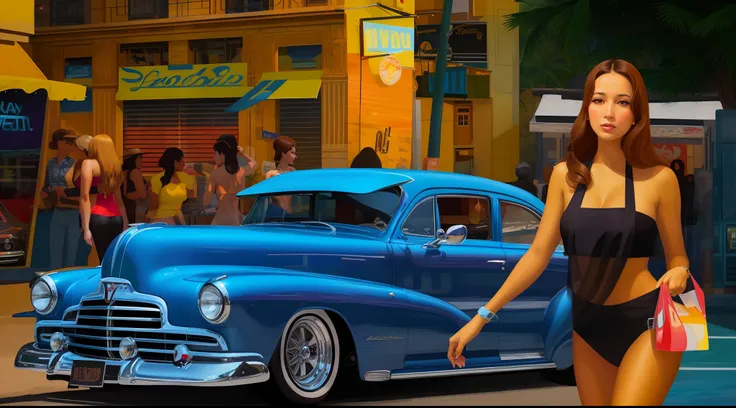 painting of a woman in a bikini walking past a classic car, in style of digital illustration, stylized digital illustration, in style of digital painting, posterized color, standing in front of lowrider, retro illustration, retro coloring, style digital pa...