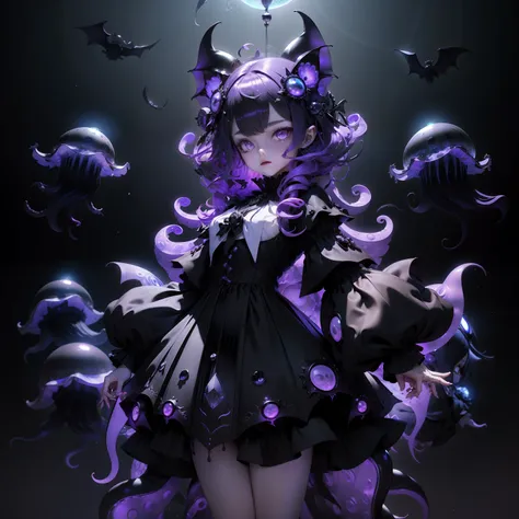 Vampire Squid Girl, black gothic lolita dress, capes, Purple luminous orb on dress, Jellyfish in a skirt, Bat design of the dress, Countless black jellyfish float, Jellyfish with bat wings, Tentacles from the skirt, One big black jellyfish overhead, nigh s...