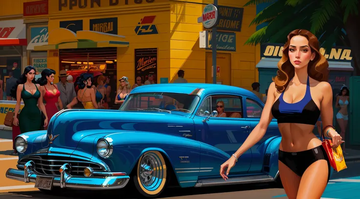 painting of a woman in a bikini walking past a classic car, in style of digital illustration, stylized digital illustration, in style of digital painting, posterized color, standing in front of lowrider, retro illustration, retro coloring, style digital pa...