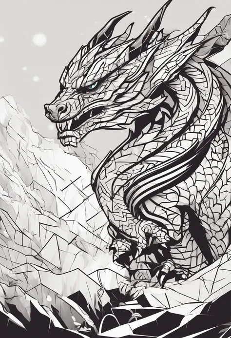 Geometric dragon with Psi sign on the forehead, with a serious and fierce expression in black and white realistic style