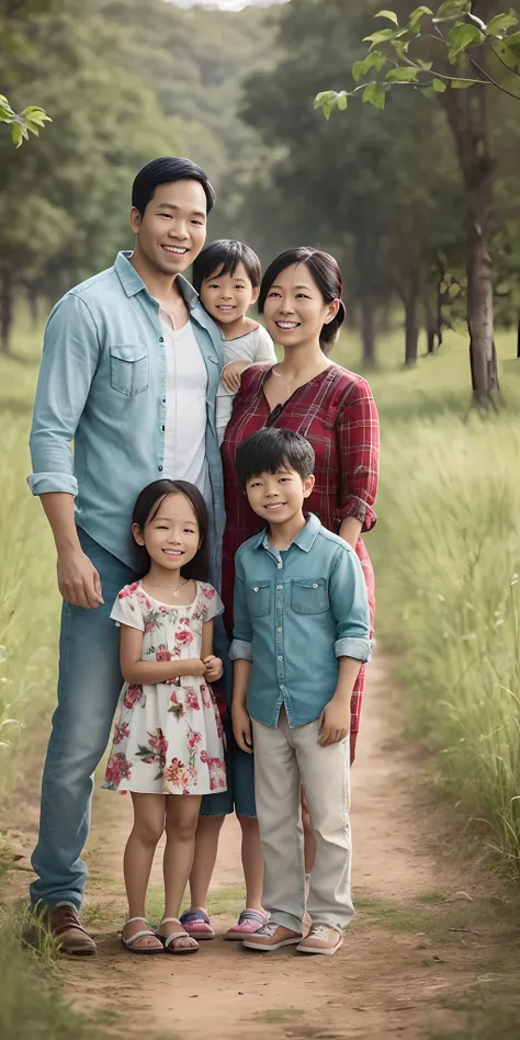 Make a family of 5 people, pai, mother and 3 children They must be happy They must be in a field with a lot of nature They making jokes Photo ultra realistic, qualidade 8k, full hd --auto --s2