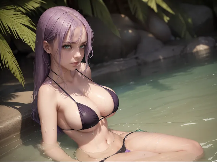 1girl, green eyes, long light lilac purple hair, dripping wet, soaking wet, sitting in shallow water at beach, big boobs, cleavage, black string bikini, off center, sitting to the side of the photo, sunny, small waist, beach, close up, realistic