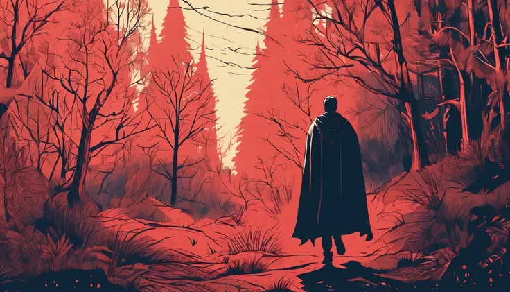 MAKE A HAND-DRAWN IMAGE OF A MAN IN A CAPE WALKING IN A SHADOWY FOREST.