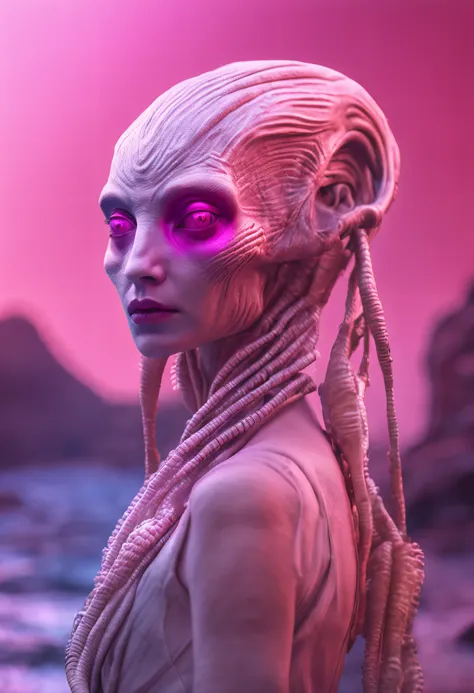 Pineal gland portrait, beautiful alien white girl, 8k, highly detailed, breathtaking, most beautiful miss woman, she has light pink hair, pink ass, sea metal bikini, very good proportions, photorealism, studio lighting, award photography.