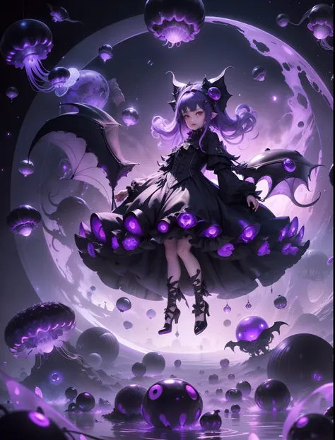 Vampire Squid Girl, black gothic lolita dress, capes, Purple luminous orb on dress, Jellyfish in a skirt, Bat design of the dress, Countless black jellyfish float, Jellyfish with bat wings, Tentacles from the skirt, One big black jellyfish overhead, nigh s...