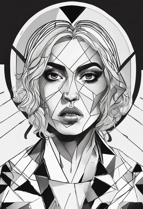 Mujer sexy, pechos grandes, geometric with Psi sign on forehead, with a serious and fierce expression in black and white realistic style